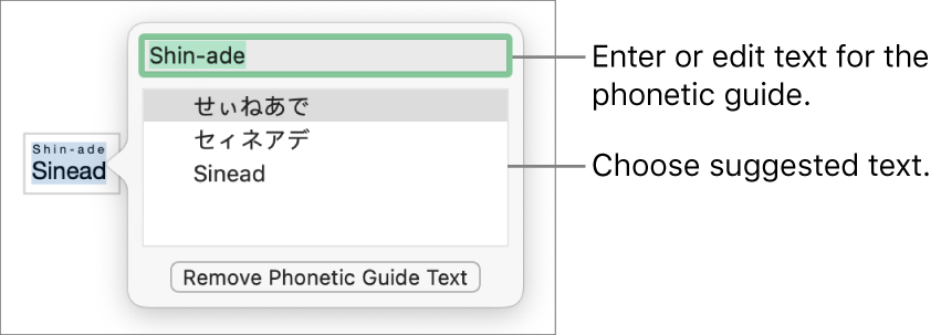 The phonetic guide open for a word, with callouts to the text field and suggested text.