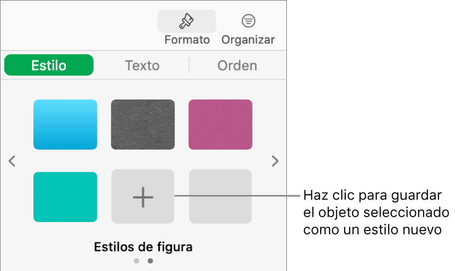 La pestaña Estilo de la barra lateral Formato con cuatro estilos de imagen, el botón Crear estilo y un marcador de posición de estilo vacío.