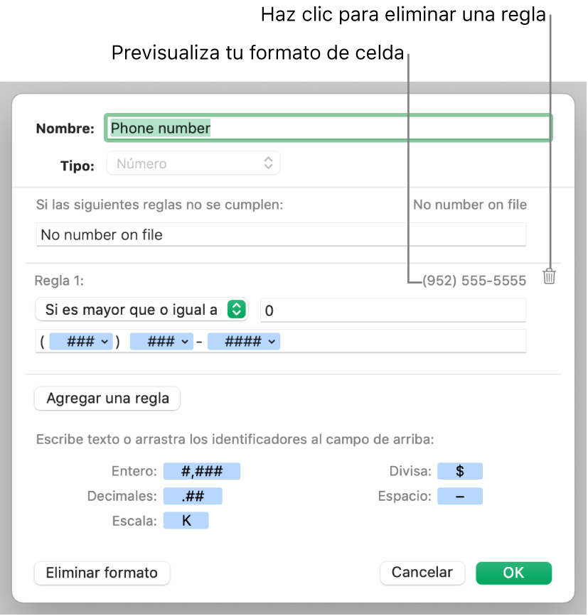 Formato de celda numérica personalizada con reglas.