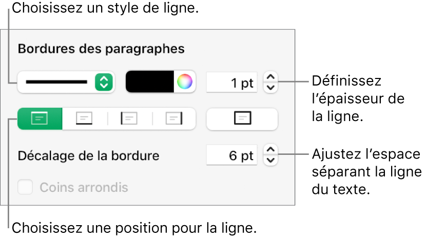 Commandes permettant de modifier le style, l’épaisseur, la position et la couleur de la ligne.