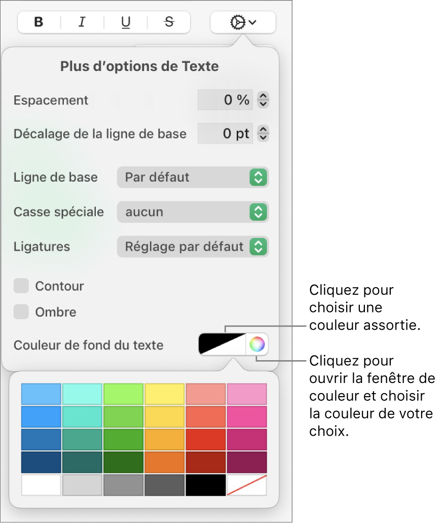 Commandes de sélection de remplissage de caractères.