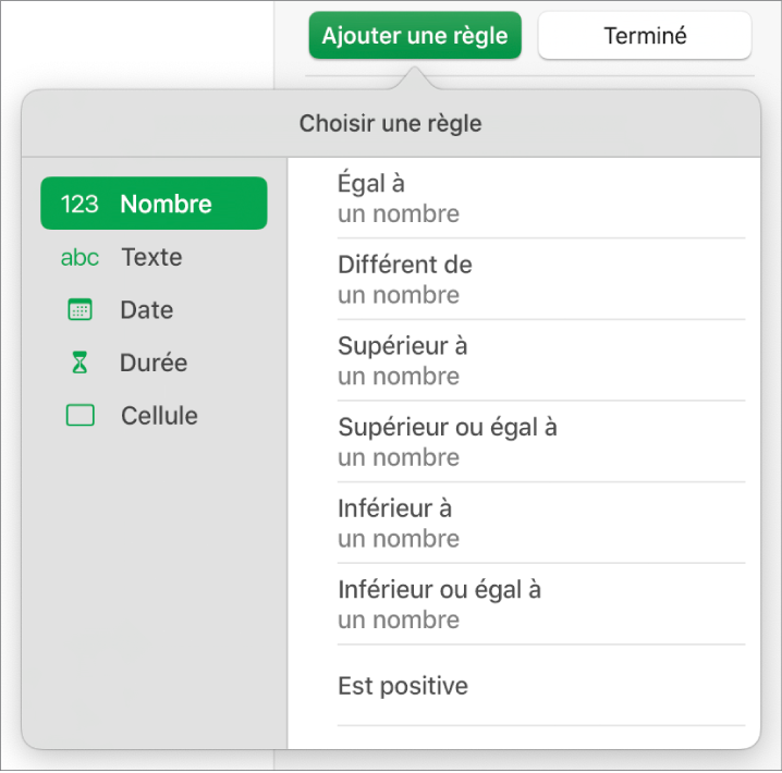 Types de règles de surlignage des cellules.