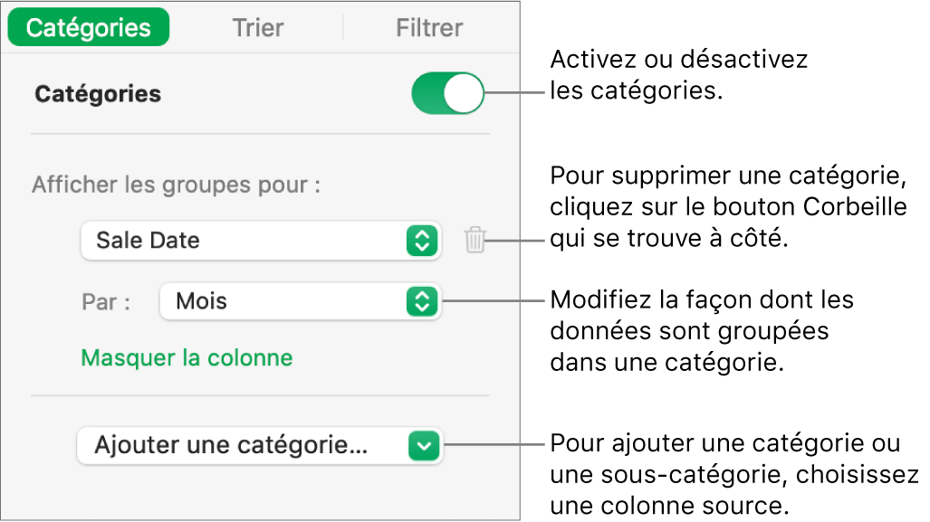 La barre latérale des catégories, avec des options permettant de désactiver les catégories, supprimer des catégories, regrouper des données, masquer une colonne source et ajouter des catégories.