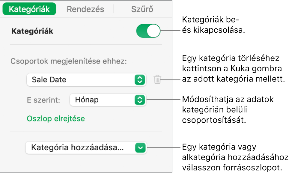 A kategóriák oldalsávja beállításokkal a kategóriák kikapcsolásához, a kategóriák törléséhez, az adatok átcsoportosításához, forrásoszlop elrejtéséhez és kategóriák hozzáadásához.