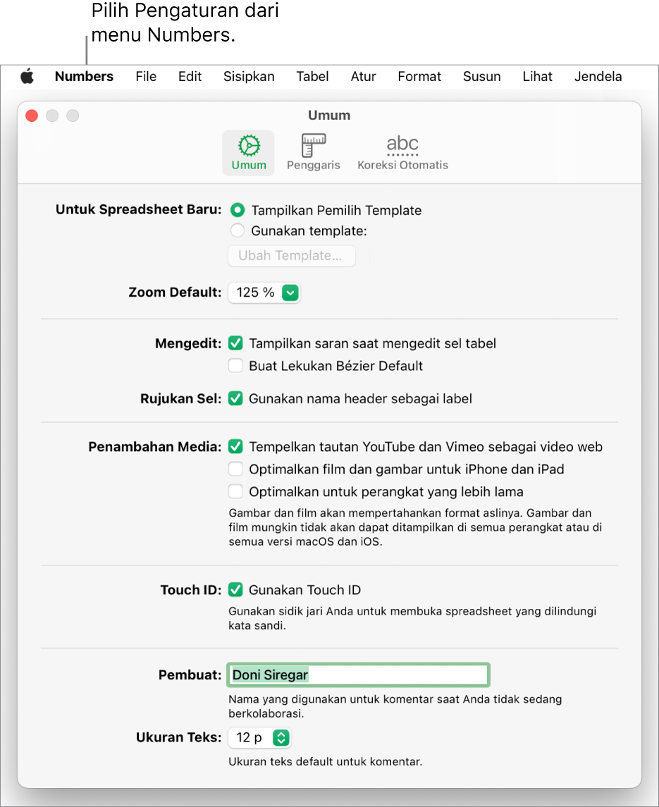 Jendela pengaturan Numbers terbuka ke panel Umum, dengan pengaturan untuk spreadsheet baru, zoom default, pengeditan, rujukan sel, persamaan, menambahkan media, Touch ID, nama pembuat, serta ukuran teks default.