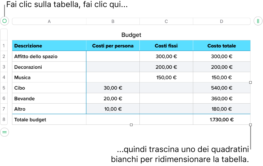 Tabella selezionata con quadratini bianchi per il ridimensionamento.