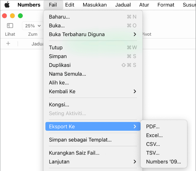 Menu Fail terbuka dengan Eksport Ke dipilih, dengan submenu menunjukkan pilihan eksport untuk PDF, Excel, CSV dan Numbers ’09.