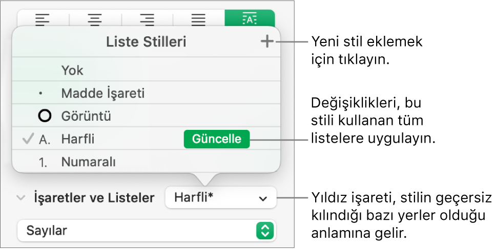 Bir geçersiz kılmayı gösteren bir yıldız işaretinin ve Yeni Stil düğmesi belirtimlerinin göründüğü Liste Stilleri açılır menüsü ve stilleri yönetme seçeneklerini içeren bir alt menü.