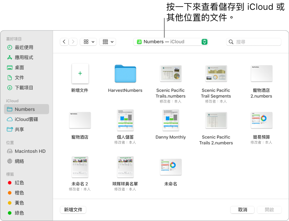 「開啟」對話框的左側開啟側邊欄，最上方的彈出式選單中選擇了 iCloud 雲碟。Keynote、Numbers 和 Pages 的資料夾和「新增文件」按鈕一起顯示在對話框中。