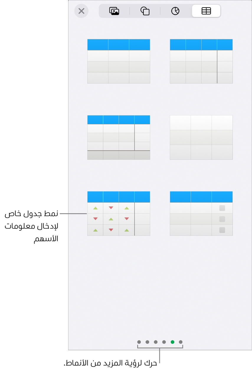 صور مصغرة لأنماط الجدول المتوفرة مع نمط خاص لإدخال معلومات الأسهم في الزاوية السفلية اليسرى. وهناك ست نقاط في الأسفل تشير إلى أن بإمكانك التحريك لعرض المزيد من الأنماط.