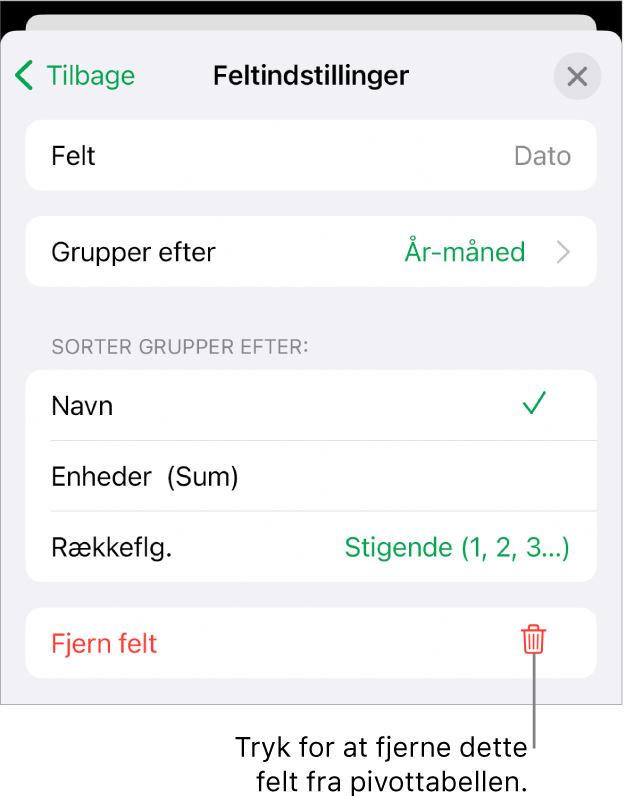 Menuen Feltindstillinger, der viser betjeningsmulighederne til at gruppere og sortere data samt muligheden for at fjerne et felt.