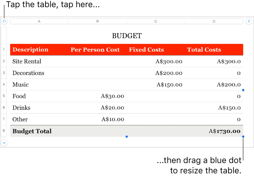 A selected table with blue dots for resizing.