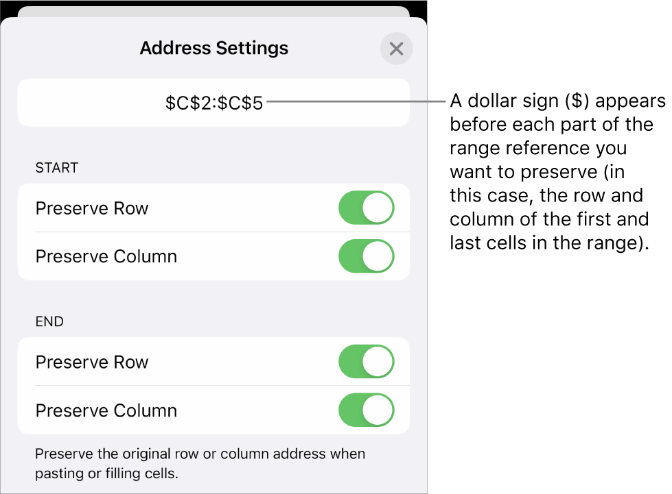 The controls for specifying which of a cell’s row and column references should be preserved if the cell is moved or copied. A dollar sign appears before each part of the range reference you want to preserve.