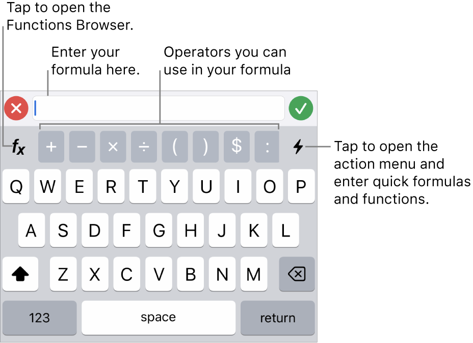 The formula keyboard, with the formula editor at the top and the operators used in formulas below it. The Functions button for opening the Functions Browser is to the left of the operators, and the Action menu button is to the right.