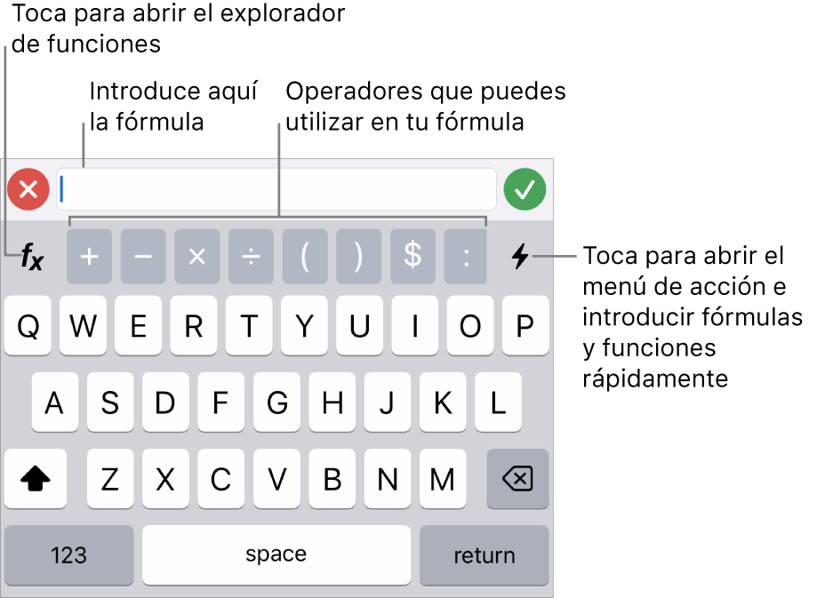 El teclado de fórmulas, con el editor de fórmulas en la parte superior y los operadores que se utilizan en las fórmulas debajo. El botón Funciones para abrir el explorador de funciones se encuentra a la izquierda de los operadores, y el botón de menú Acción se encuentra a la derecha.