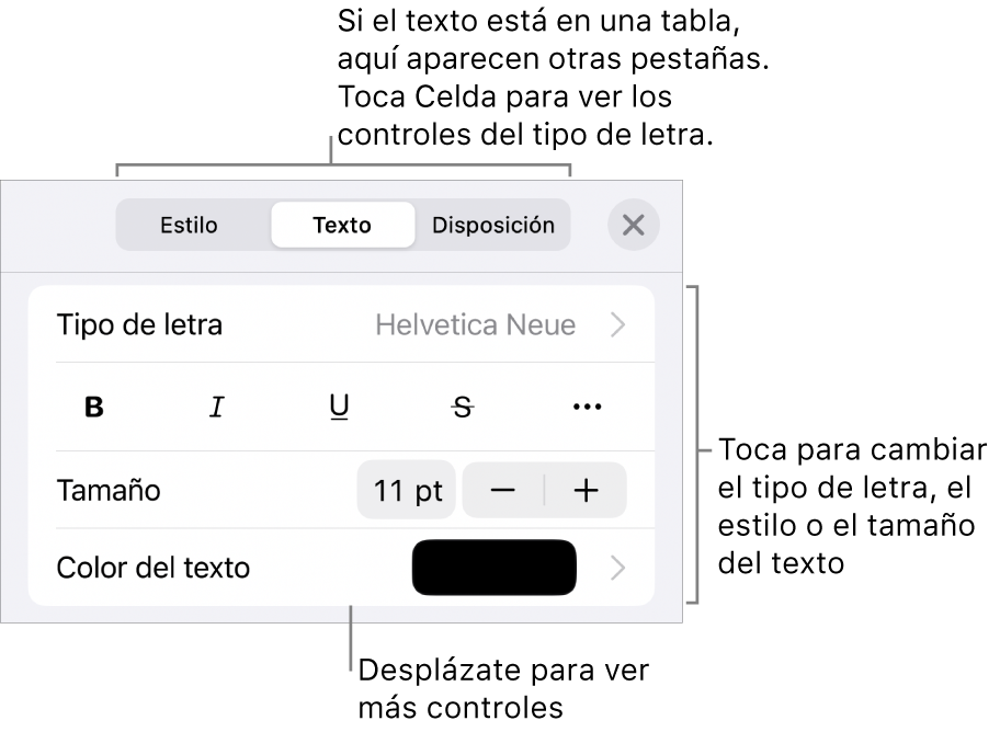 Controles de texto en el menú Formato para configurar los estilos de párrafo y carácter, tipo de letra, tamaño y color.