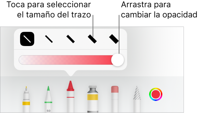 Controles para seleccionar un tamaño de trazo y un regulador para ajustar la opacidad.