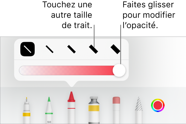 Commandes de sélection de taille de trait et curseur d’ajustement de l’opacité.