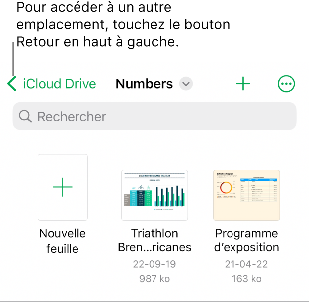 La présentation de navigation du gestionnaire de feuilles de calcul ainsi qu’un lien d’emplacement se trouvent dans le coin supérieur gauche, et un champ de recherche se trouve en dessous. Dans le coin supérieur droit se trouvent les boutons Ajouter une feuille de calcul et Plus. Au bas de l’écran se trouvent les boutons Récents et Parcourir.