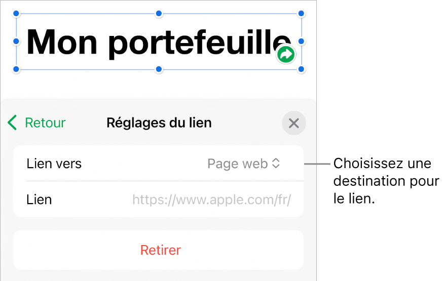 Les commandes « Réglages du lien » avec une page web sélectionnée et le bouton Supprimer en bas.