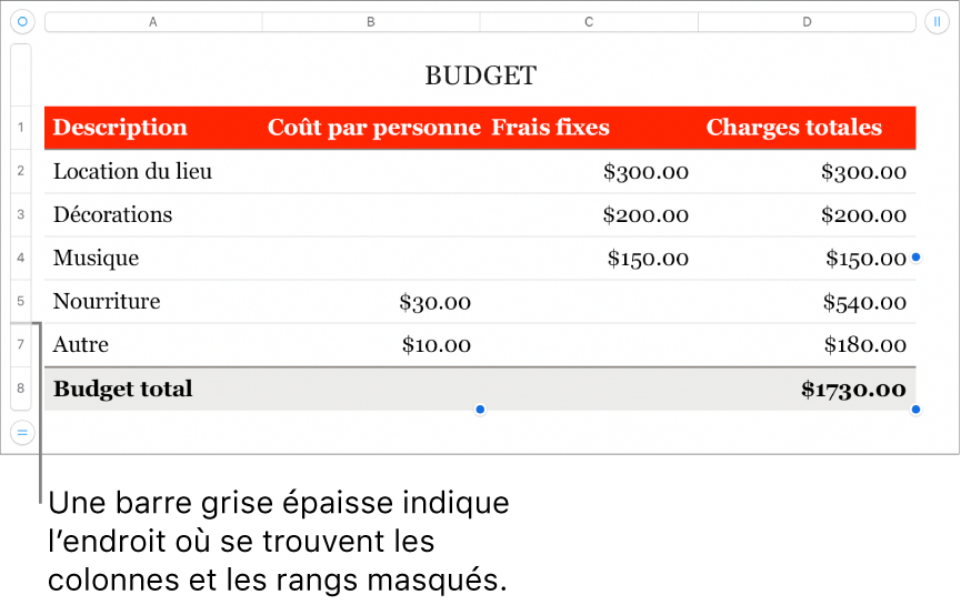 Une barre grise épaisse indique l’emplacement des rangs et des colonnes masqués.