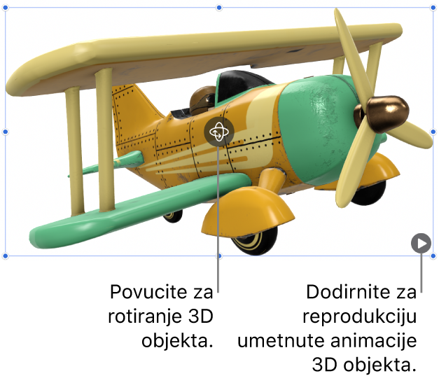 3D objekt s tipkom Rotiraj po sredini objekta i tipkom Reprodukcija u donjem desnom kutu.