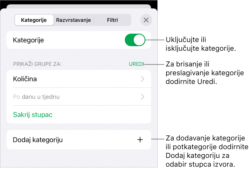 Izbornik Kategorije za iPhone s opcijama za isključivanje kategorija, brisanje kategorija, regrupiranje podataka, skrivanje izvorišnog stupca i dodavanje kategorija.