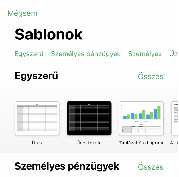 A sablonválasztó, a kategóriák sorával a felső részén, ahonnan a szűrési feltételek választhatók ki. Alattuk előre elkészített sablonok bélyegképei láthatók, kategóriákba rendezett sorokban.