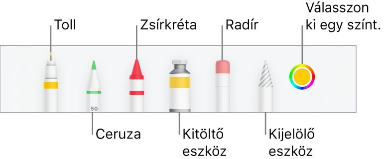 A rajz eszközsor az iPhone Numbers appjában tollal, ceruzával, zsírkrétával, kitöltőeszközzel, radírral, kijelölés eszközzel és az aktuális színt megjelenítő színrekesszel.