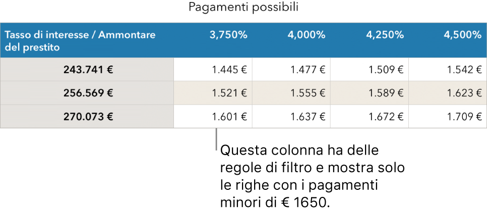 Tabella di un mutuo dopo l’applicazione del filtro per i tassi di interesse accessibili.