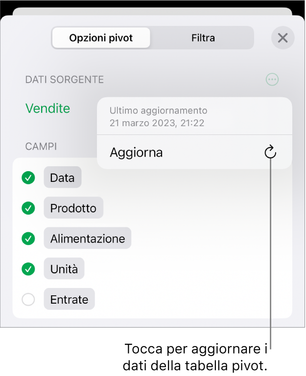 Il menu “Opzioni pivot” che mostra l’opzione per aggiornare la tabella pivot.