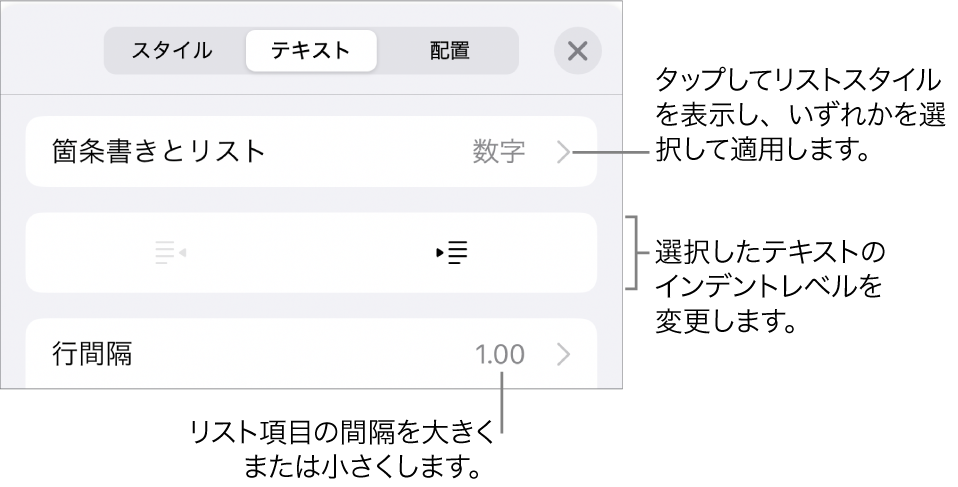 「箇条書きとリスト」のコールアウトが表示された「フォーマット」コントロールの「箇条書きとリスト」セクション。インデント解除ボタン、インデントボタン、行間隔コントロールが表示された状態。