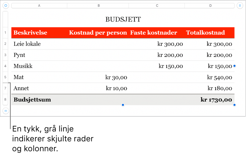 En tykk grå linje viser hvor rader og kolonner er skjult.