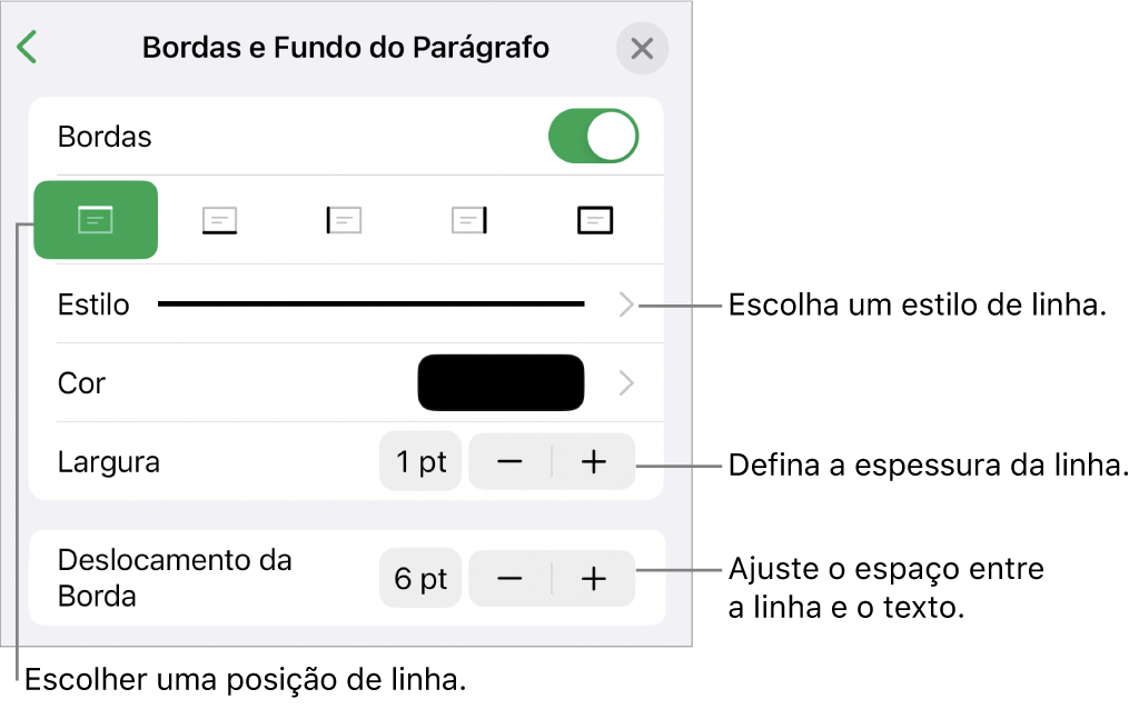 Controles para alterar o estilo, a espessura, a posição e a cor da linha.