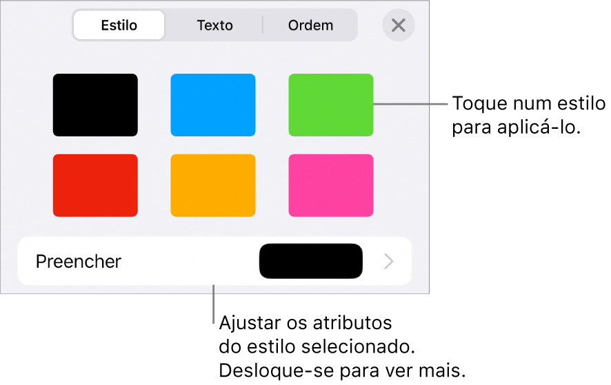 O separador "Estilo” do menu “Formatação” com estilos de objeto na parte superior e um controlo por baixo para alterar o preenchimento.