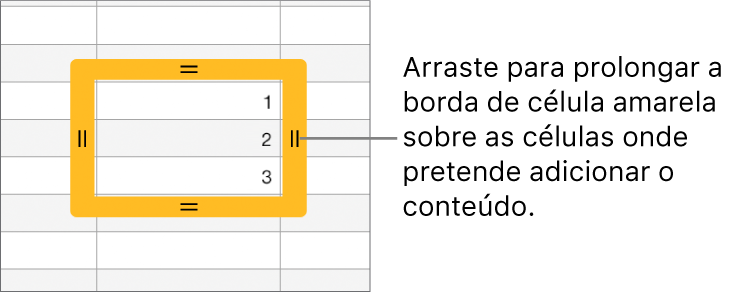 Uma célula selecionada com uma grande borda amarela que pode arrastar para preencher automaticamente as células.