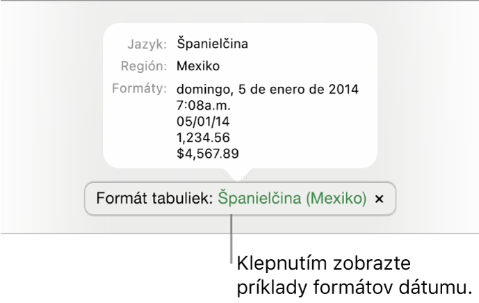 Hlásenie o inom jazyku a nastavení regiónu zobrazujúce príklady formátovania v danom jazyku a regióne.