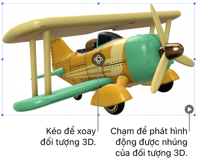 Đối tượng 3D với nút Xoay ở giữa đối tượng và nút Phát ở góc dưới bên phải.