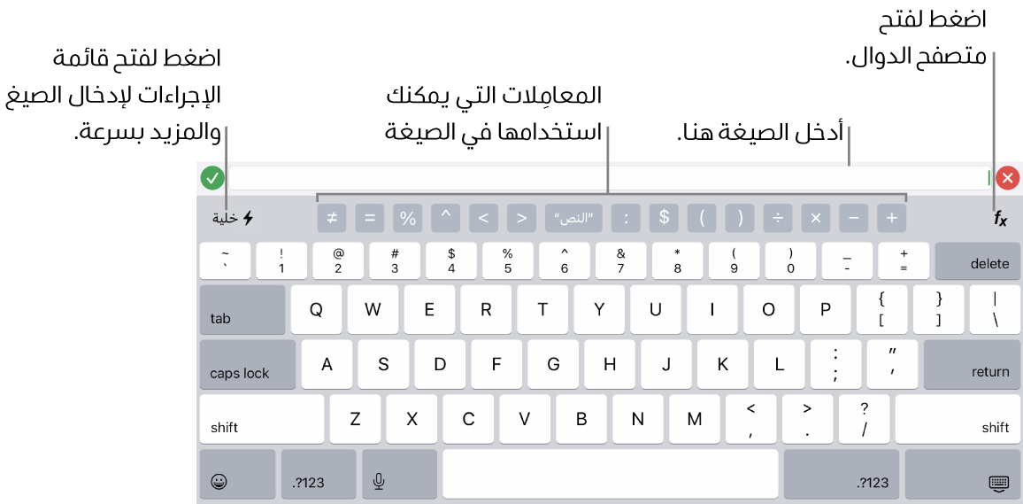 لوحة مفاتيح الصيغ، ويظهر محرر الصيغة في الأعلى والمعاملات المستخدمة في الصيغ أسفله. زر الدوال لفتح متصفح الدوال على يمين المعاملات، وزر قائمة الإجراءات على اليسار.