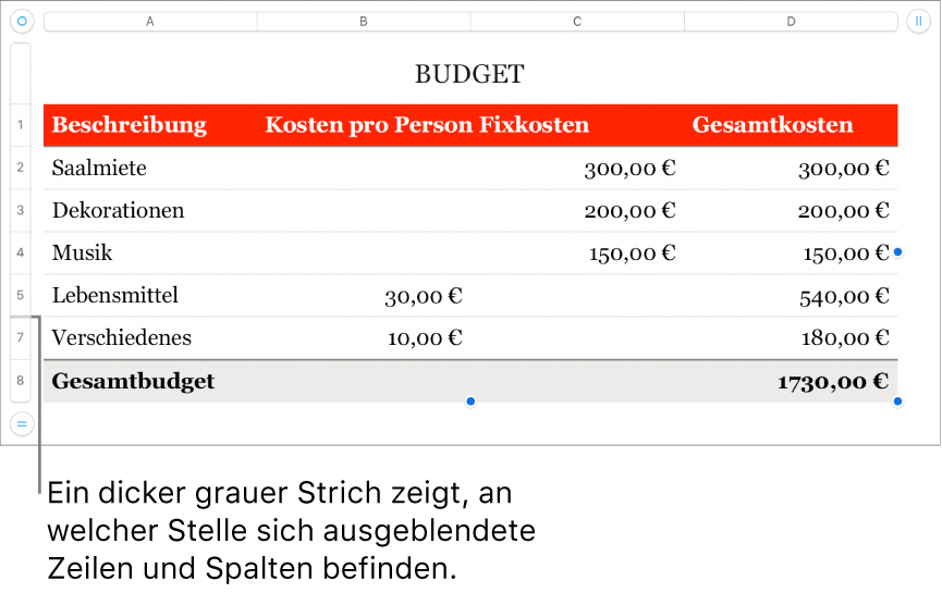 Ein dicker grauer Balken, der die Position von ausgeblendeten Zeilen und Spalten anzeigt