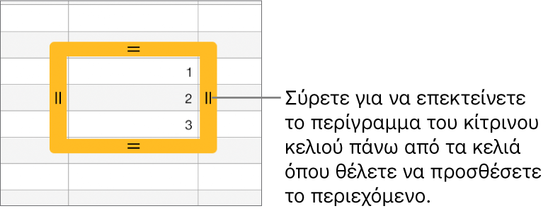 Ένα επιλεγμένο κελί με ένα μεγάλο κίτρινο περίγραμμα που μπορείτε να σύρετε για αυτοσυμπλήρωση κελιών.