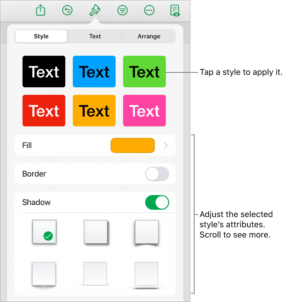 The Style tab of the Format menu with shape styles at the top and controls below them to change the fill, border, and shadow.