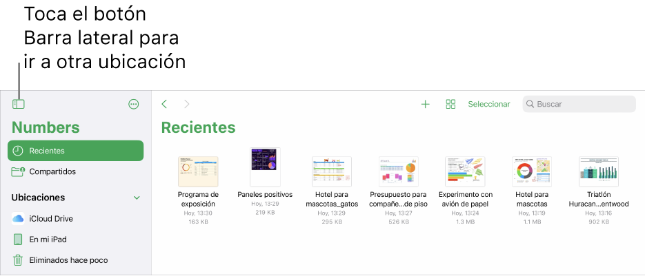 La vista de exploración del administrador de hojas de cálculo con el botón Barra lateral en la esquina superior izquierda. En la parte superior derecha están el botón Agregar, el botón Nueva carpeta, el botón Íconos (para ordenar por nombre, fecha, tamaño o etiqueta), el botón Seleccionar y el botón Buscar.