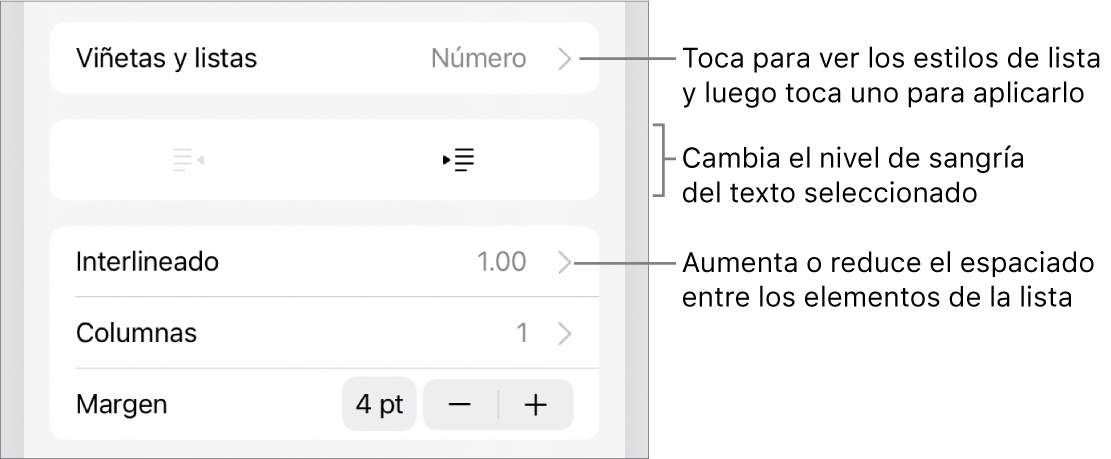 La sección Viñetas y listas de los controles de formato con texto que señala la sección Viñetas y listas, los botones de las sangría derecha o izquierda y controles de interlineado.