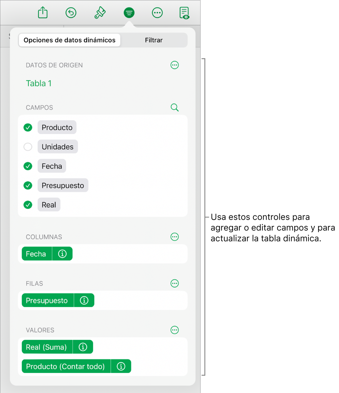El menú Opciones de datos dinámicos mostrando los campos de las secciones Columnas, Filas y Valores, así como los controles para editar los campos.