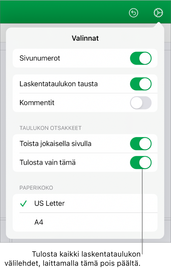 Tulostuksen esikatselu, jossa on säätimiä sivunumeroiden näyttämiseen, otsakkeiden toistamiseen joka sivulla, paperikoon muuttamiseen ja koko laskentataulukon tai vain nykyisen välilehden tulostamiseen.