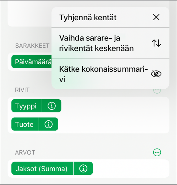 Lisäkenttävalinnat ‑valikko, jossa näkyvät säätimet kokonaissummien kätkemiseen, sarake- ja rivikenttien vaihtamiseen keskenään ja kenttien tyhjentämiseen.