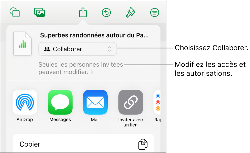 Le menu Partager avec l’option Collaborer sélectionnée en haut, et des réglages d’accès et d’autorisation en dessous.