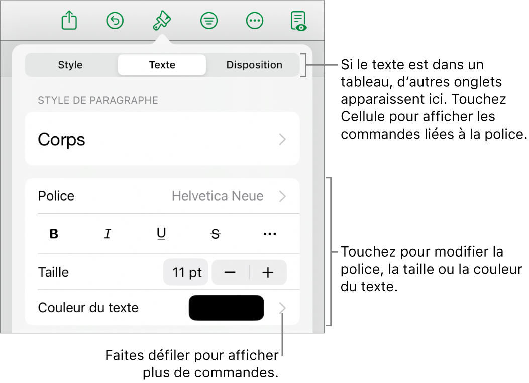 Commandes de texte du menu Format permettant de définir les styles, la police, la taille et la couleur des paragraphes et des caractères.