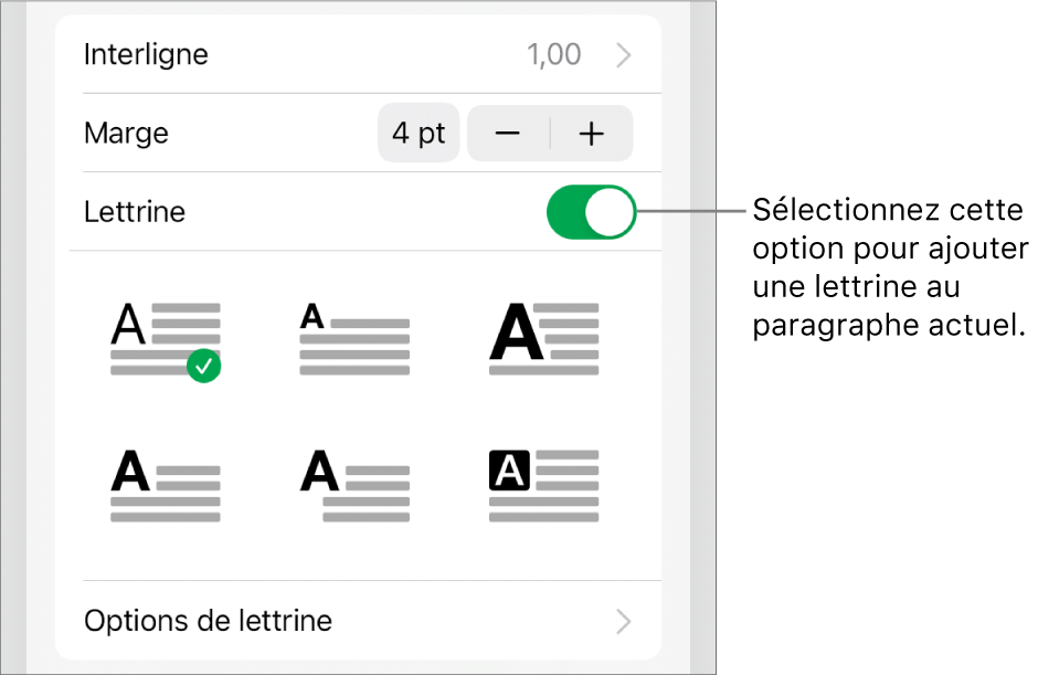 Les commandes Lettrine situées dans le menu Texte.